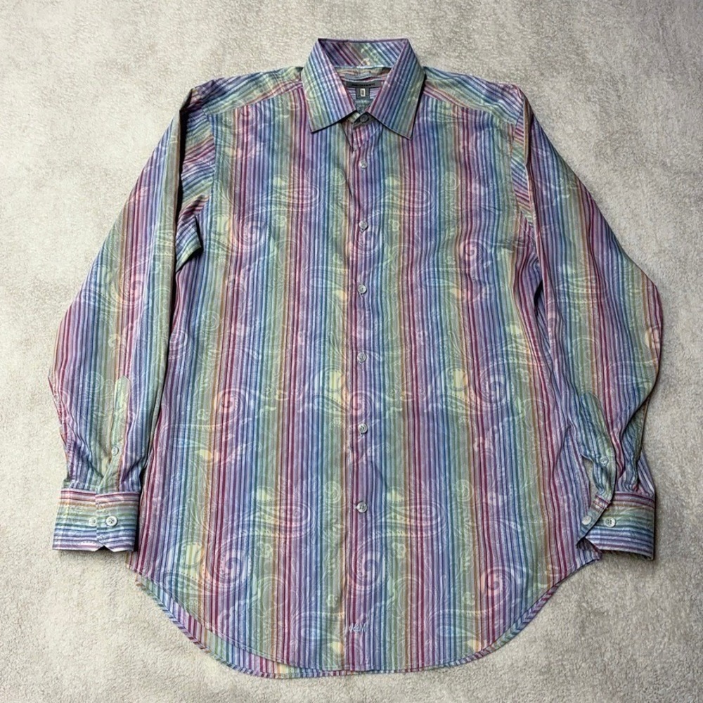 Johnston & Murphy Shirt Rainbow Paisley Stripe Cotton Blend Tailored Fit Mens M